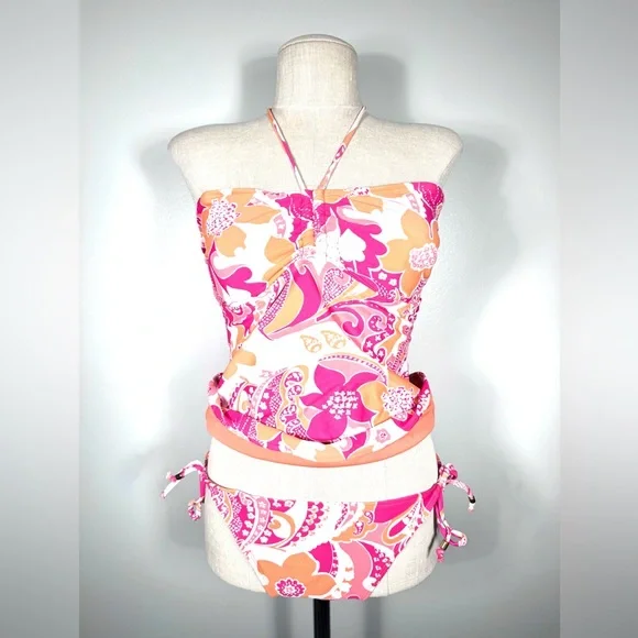 Old Navy Vintage Y2K Mod Pink and Orange Floral Halter Bandeau Tankini Set - Picture 3 of 10
